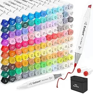 Caliart Alcohol Markers Brush Tip - 121 Colors Dual Tip Art Markers Set for Adult Coloring Books Artist Drawing Illustration Sketching, with Case Permanent Alcohol Based Colored Chisel & Brush Pens